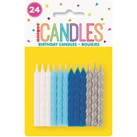 24 Sprial Candles Blue Assorted - Bright White, Powder Blue,