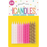 24 Sprial Candles Pink Assorted - Bright White, Lovely Pink,