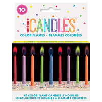 10 Colour Flame Candles With Holders