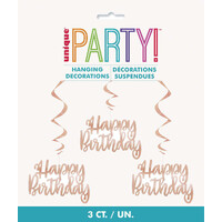 Happy Birthday 3 Foil Hanging Swirl Decorations 81Cm (32inch) - Rose Gold