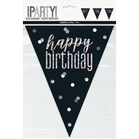 Black And Silver Prismatic Foil Flag Banner - Happy Birthday