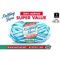 Knitting Yarn 8 Ply 100G Mix Blu Wh