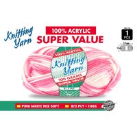 Knitting Yarn 8 Ply 100G Mixpink/Wh