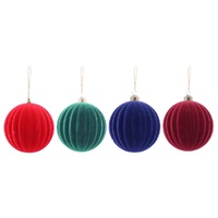 Flocked Ribbed Bauble 10cm Asst
